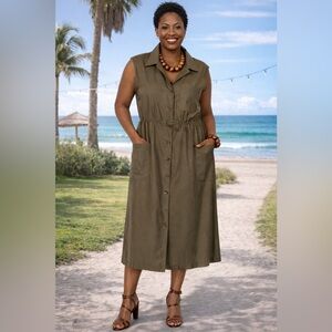 Calvin Klein Olive Green Sleeveless Button-Front Dress